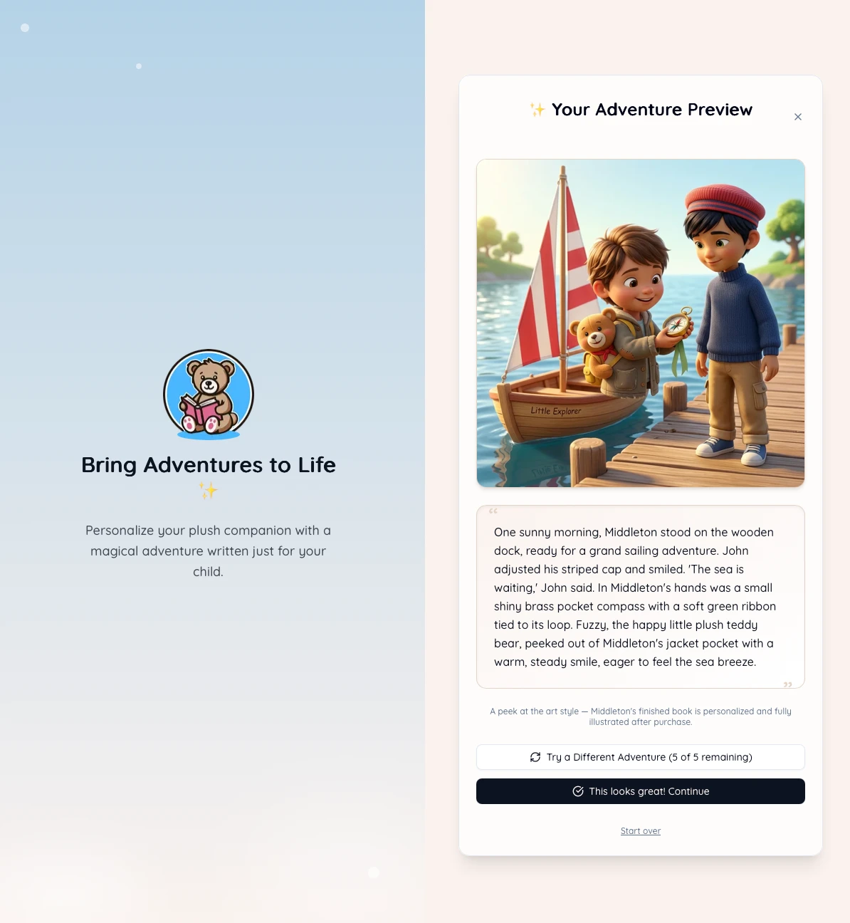 The adventure preview shown right after setup — an illustrated opening scene and the first lines of the story