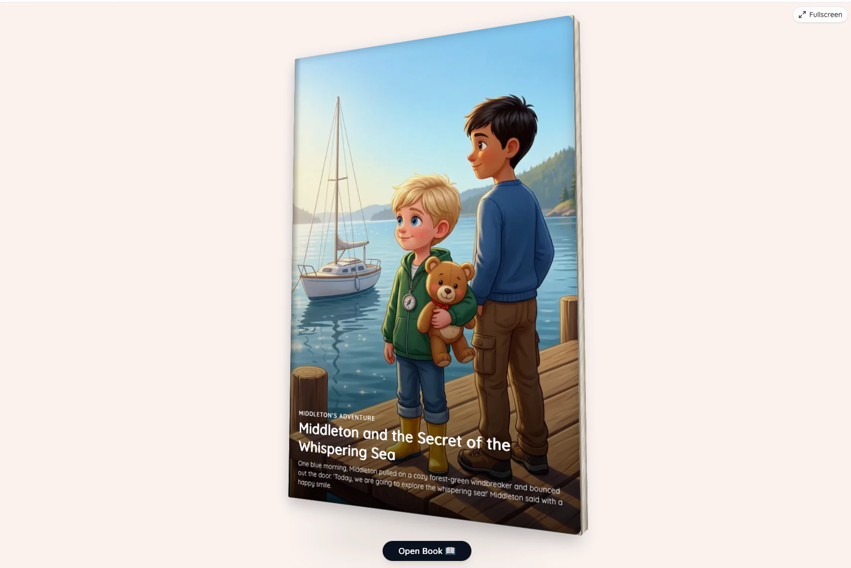 A finished book cover in the reader — a titled, illustrated adventure ready to open