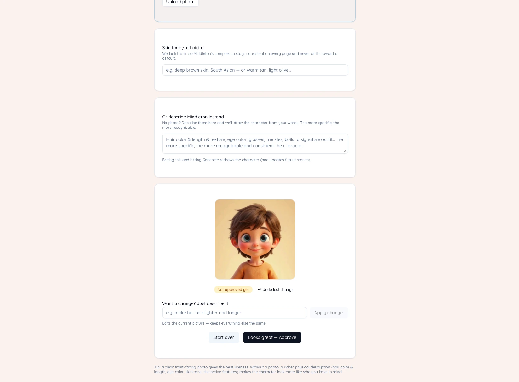The character approval step — a generated character portrait with a plain-English edit box and an approve button
