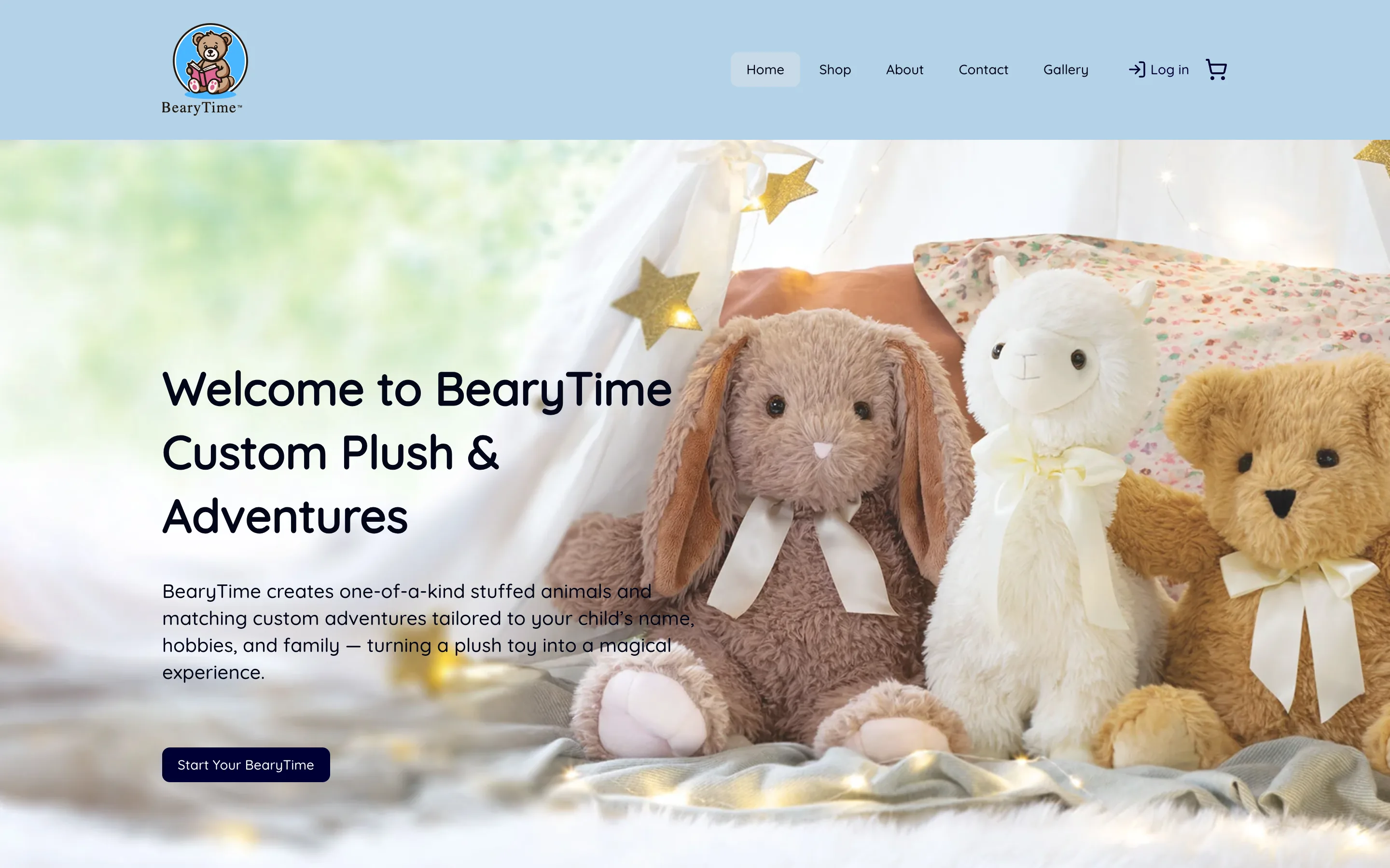 Beary Time homepage — custom plush and matching personalized adventures for a child