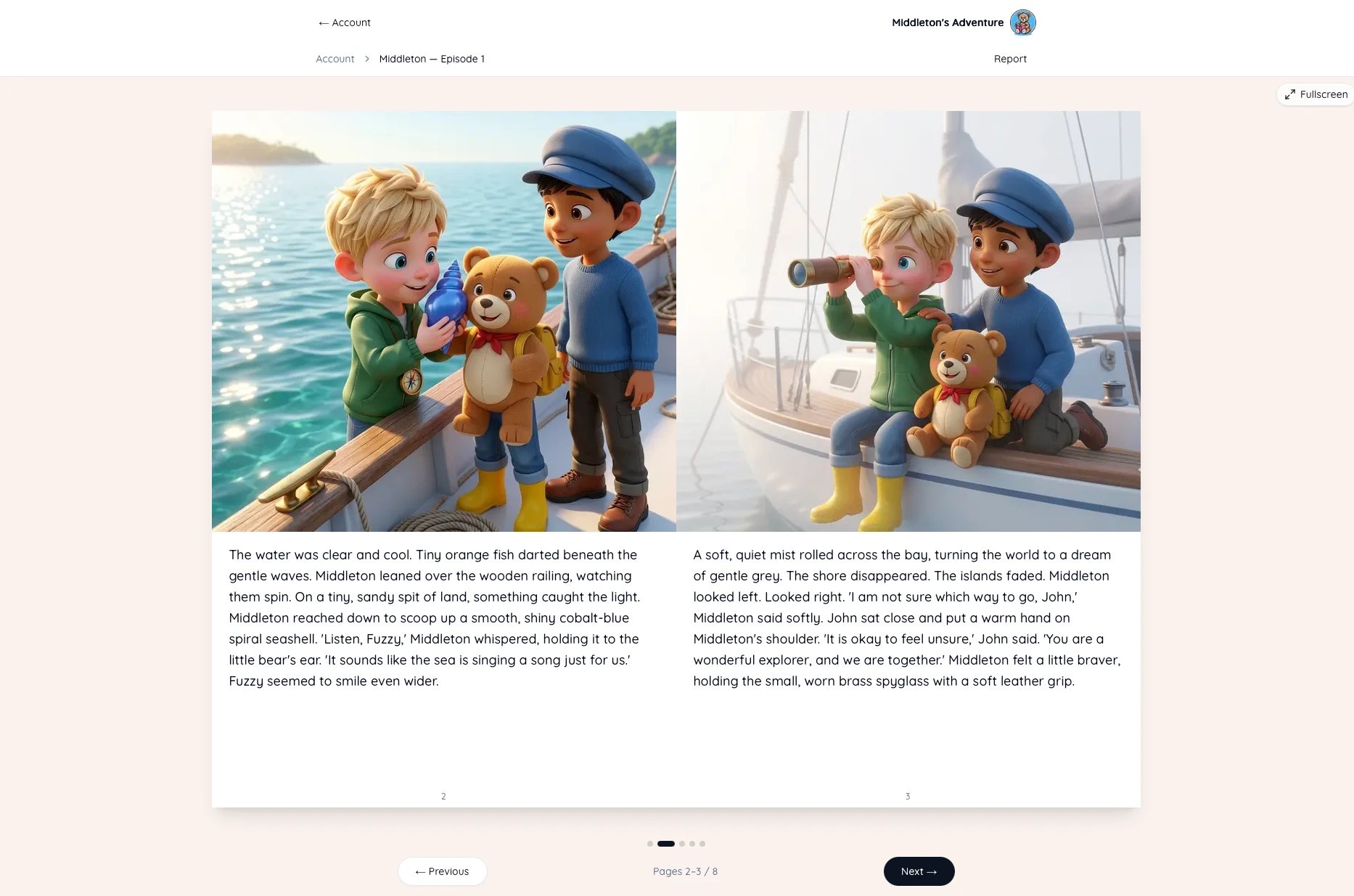 The page-flip reader open on pages 2–3 of a finished book — the same child, companion, and plush bear rendered on-model across both pages