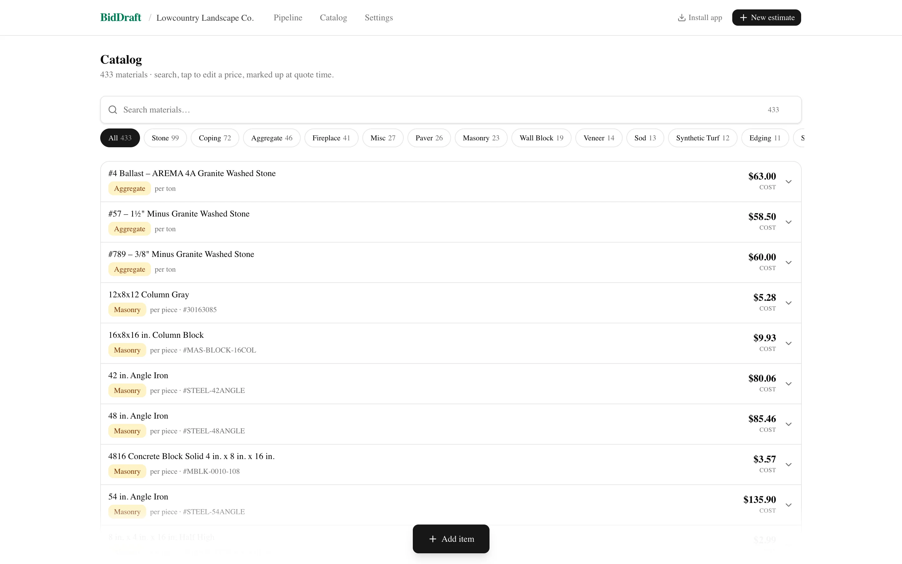 The supplier catalog behind the pricing — 433 materials with real SKUs and per-unit cost, searchable and filterable by category