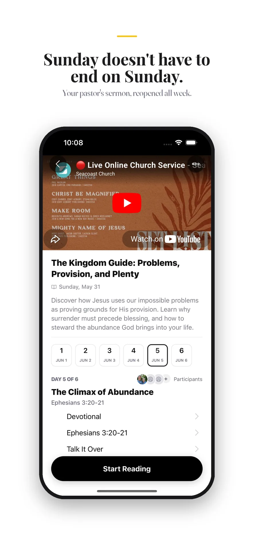 Echo on iPhone — a Sunday sermon reopened as a six-day devotional plan with the service video, daily readings, and Talk It Over prompts