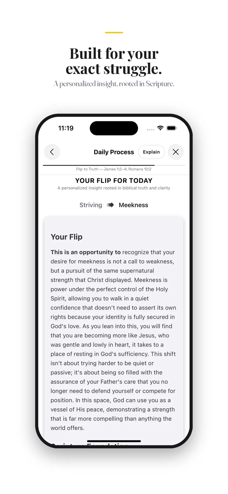 Echo on iPhone — a personalized daily Flip that reframes a struggle in Scripture, with the passage it is grounded in