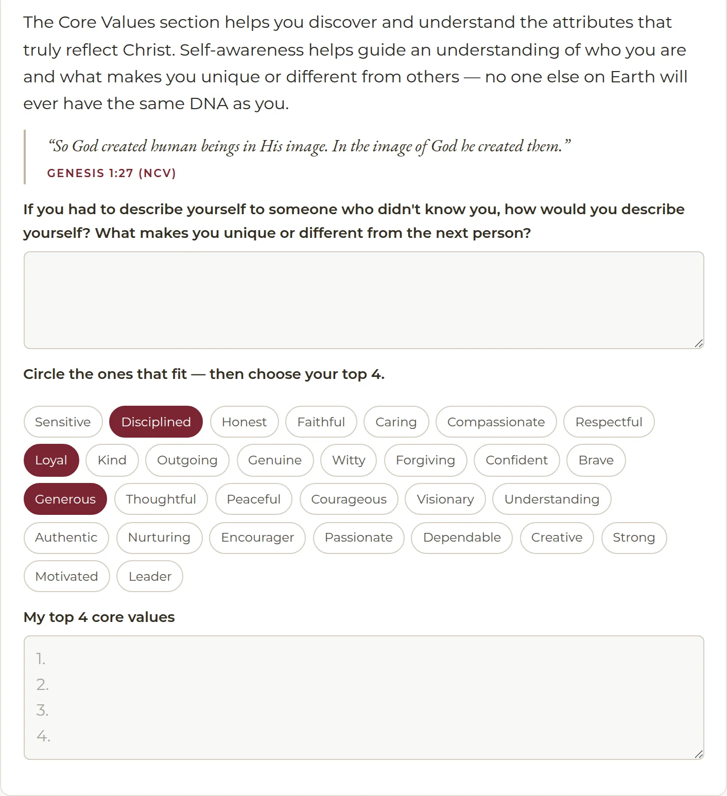 The same Core Values section on the website, with four words selected in the word bank and boxes to type into