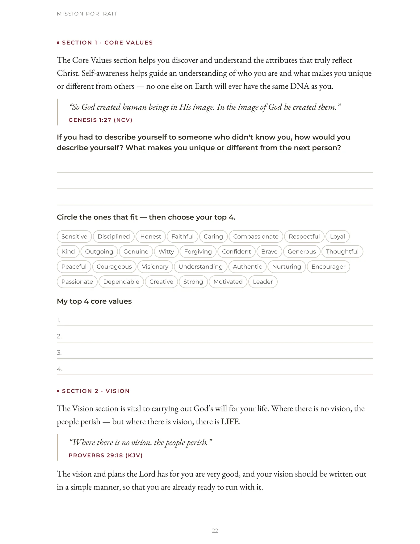 Page 22 of the printed workbook: the Core Values section, with a word bank to circle, ruled lines and a numbered list for the top four