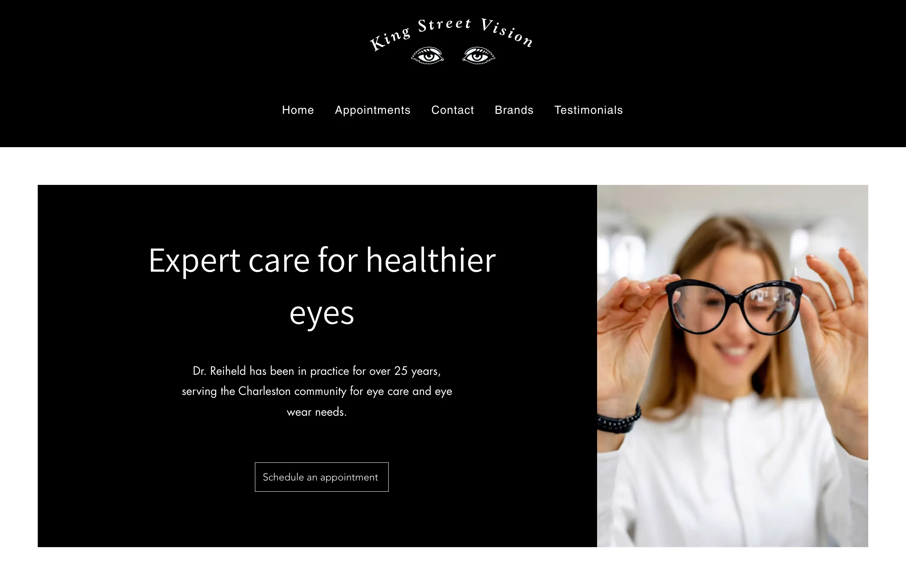King Street Vision homepage — editorial black-and-white hero with an appointment call to action