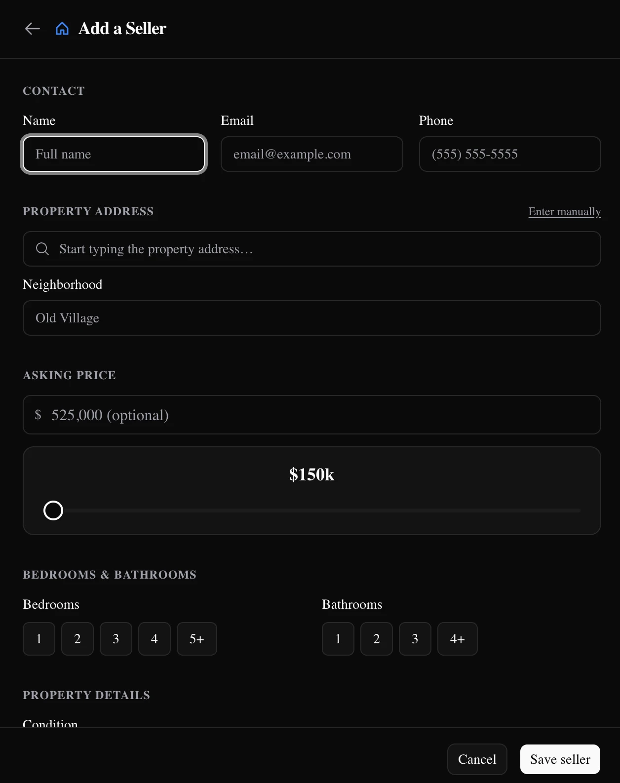 The add-a-seller form — contact, address autocomplete, asking price, beds and baths, structured so the matching engine gets real fields