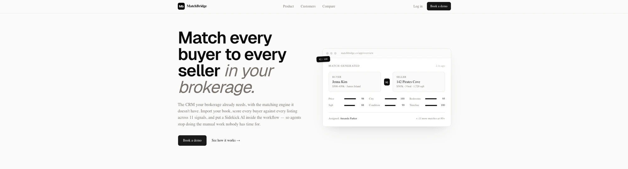 A generated match scored 92 out of 100 — buyer and listing side by side with per-signal scores for price, city, bedrooms, square footage, condition, and timeline