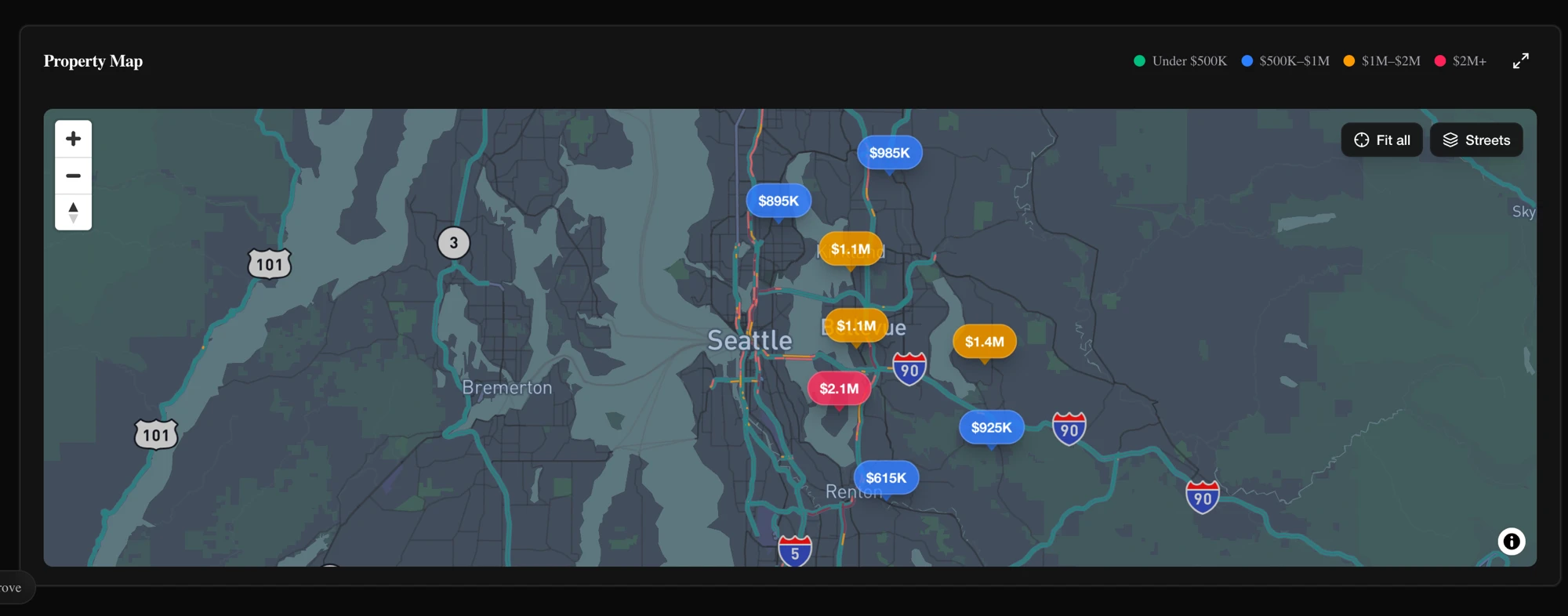 The property map — every listing pinned with its price, color-coded by price band, over a dark city map
